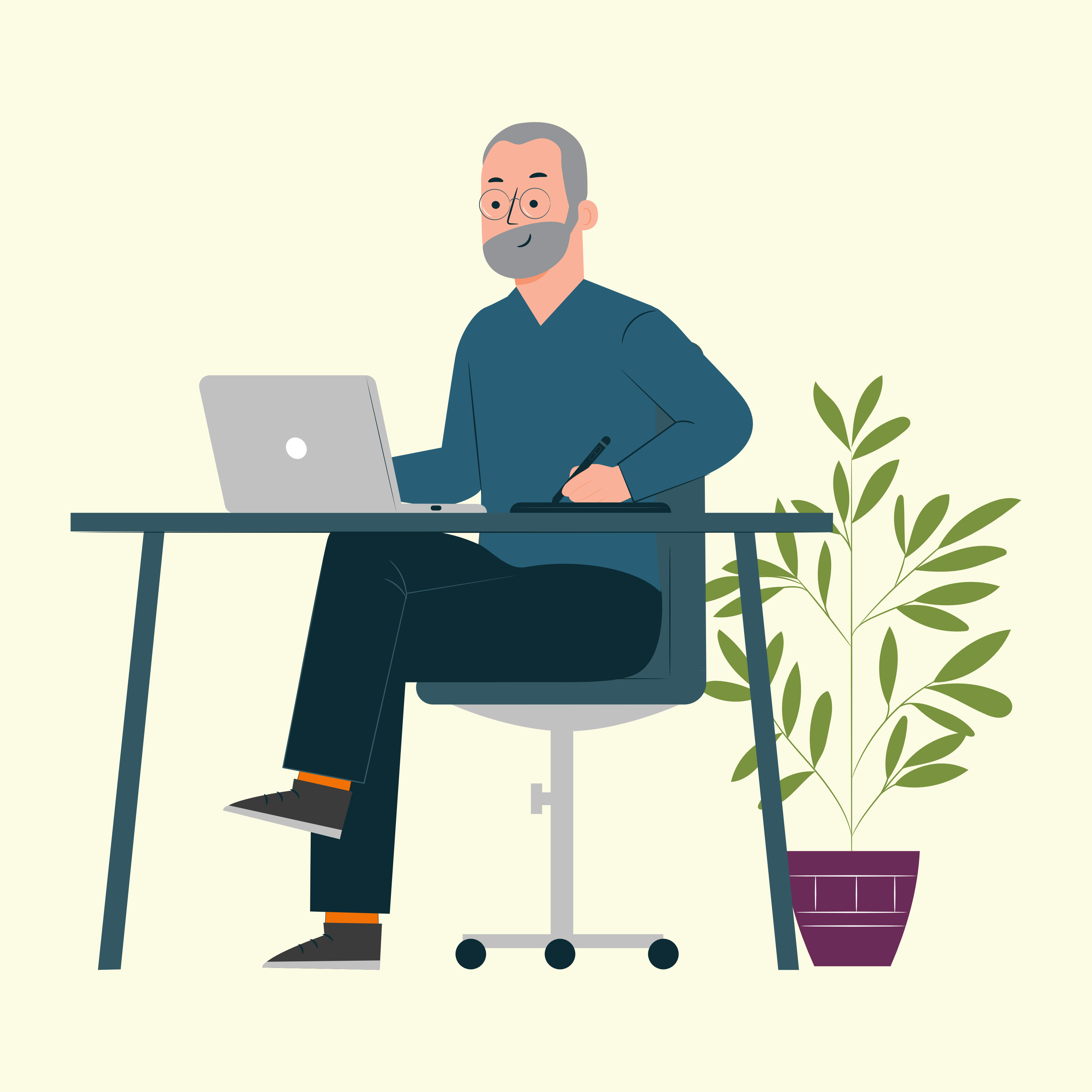 An illustration of barry sitting at a desk, working on a laptop.